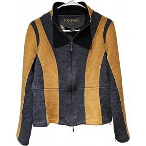 Icelandic Design Women's M Black & Tan Wool Jacket Folk Art Zip Sweater